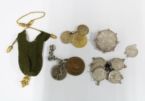 George III 1796 Spade half Guinea pendant and other coin jewellery and a small purse