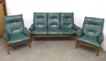Ercol Golden Dawn green leather and elm three piece suite, 189 x 99 x 57cm. (3)