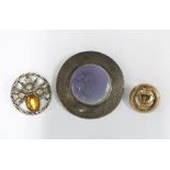 Victorian yellow metal buckle brooch, vintage London silver brooch and a costume jewellery brooch (