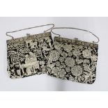 Two early 20th century needlework embroidered bags, each with a folding white metal cantle, (2)
