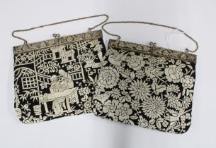 Two early 20th century needlework embroidered bags, each with a folding white metal cantle, (2)