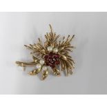 9ct gold ruby and pearl floral spray brooch, stamped 375