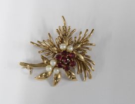 9ct gold ruby and pearl floral spray brooch, stamped 375