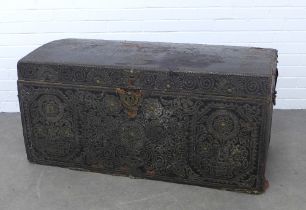 Dome top leather and wood marriage chest, perhaps Italian, with studwork pattern and paper lined