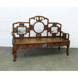 Chinese settee / hall bench, shaped toprail with marble inset panelled back, solid seat above a