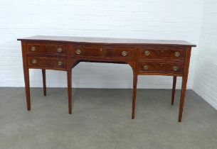 Mahogany & satin inlaid serpentine sideboard, long proportions, with five drawers and raised on
