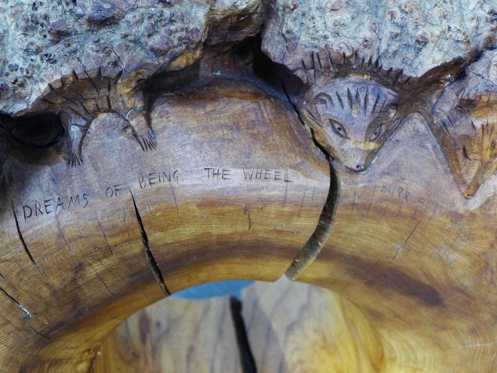 'Dreams of Being The Wheel' hedgehog carved burr wood, singed with a monogram and dated 2003, 75 x - Image 2 of 5