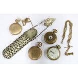 Four gold plated pocket watches, watch chains and a white metal spectacles case