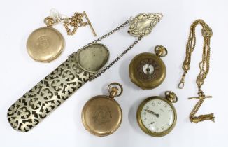 Four gold plated pocket watches, watch chains and a white metal spectacles case