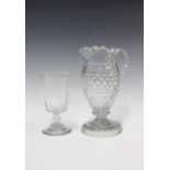 19th century faceted glass jug with engraved initial , 21cm, together with a wine glass (2)