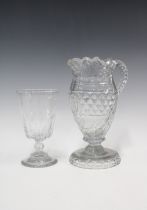 19th century faceted glass jug with engraved initial , 21cm, together with a wine glass (2)