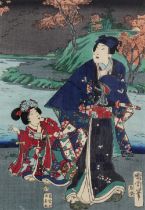 After Toyamara Kunichika, Japanese woodblock, likely of actors, framed under glass, 17 x 24cm