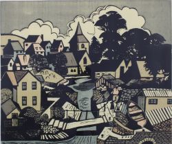 KENN BURROWS (BRITISH, 20th CENTURY) VILLAGE, coloured screenprint, signed and titled, dated '75 and