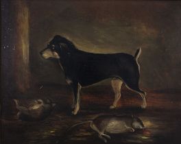 Late 19th / early 20th century oil on board of a small dog and two rats, apparently unsigned,