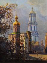 20TH CENTURY UKRANIAN SCHOOL, street scene with church and steeple, oil on canvas, signed and