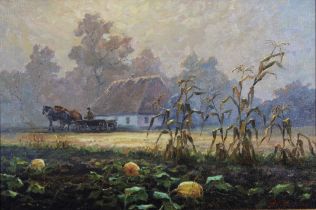 20TH CENTURY UKRANIAN SCHOOL, pumpkin fields with horse and cart, oil on canvas, signed and dated