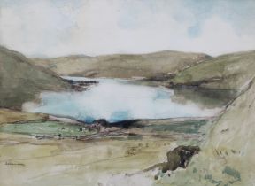 SIR DAVID YOUNG CAMERON (SCOTTISH 1865-1945) Watercolour of a loch scene, signed and framed under