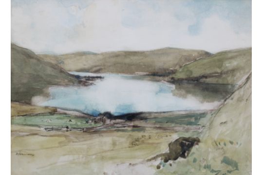 SIR DAVID YOUNG CAMERON (SCOTTISH 1865-1945) Watercolour of a loch scene, signed and framed under - Image 1 of 3