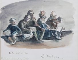 Circle of Edward Ardizzone (1900 - 1979), watercolour of people seated on a beach, indistinctly