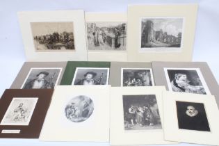Collection of ten copper plate etchings, engravings and prints to include the Bagpiper, Dante and