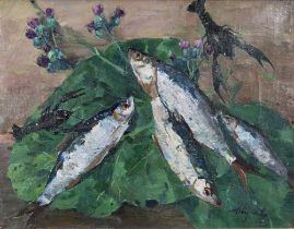 20TH CENTURY RUSSIAN SCHOOL, THE CATCH, oil on canvas, titled verso with pencil written