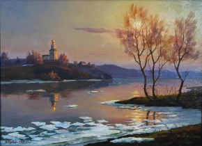 20TH CENTURY UKRANIAN SCHOOL, River scene with a hilltop church, oil on canvas, signed and dated