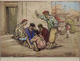 ROBERT HERDMAN-SMITH (BRITISH 1879-1945) THE CHA KAU PLAYERS, hand coloured etching, signed and