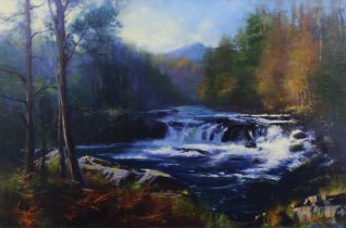 COLIN ROBERTSON (SCOTTISH) AUTUMN SUNLIGHT RIVER TUMMEL, acrylic on canvas, signed and framed. 75 x