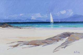 ROBERT KELSEY, P.A.I (SCOTTISH, b.1949), YACHT IN THE SOUND OF IONA, oil on canvas, signed, silver