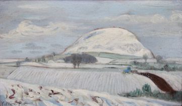 VICTORINE FOOT (BRITISH 1920 - 2000) TRAPRAIN LAW IN THE SNOW, oil on board, signed, framed with