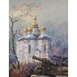 20TH CENTURY UKRANIAN SCHOOL, street scene with church and field guns, oil on board, signed