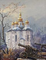 20TH CENTURY UKRANIAN SCHOOL, street scene with church and field guns, oil on board, signed