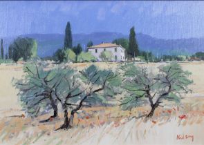 ROBERT KELSEY, P.A.I (SCOTTISH, b.1949), OLIVE TREES AND POPPIES, oil on canvas, signed, silver