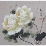 ASIAN SCHOOL, White Roses and bumble bees, watercolour on paper with red seal mark, framed under