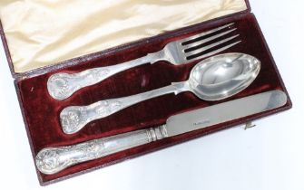 Victorian Edinburgh silver fork and spoon with similar Queens pattern Sheffield silver knife, in a