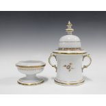 Victorian three part coffee pot, white glazed with gilt edged pattern, comprising domed cover,