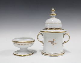 Victorian three part coffee pot, white glazed with gilt edged pattern, comprising domed cover,