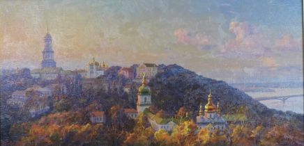 RUSSIAN SCHOOL, oil on canvas of a town at dusk, signed and dated 1994, gilt frame, 69 x 34cm