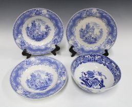 J&MP Bell blue and white transfer printed bowls in Hawking pattern and a Masons Ironstone blue and