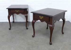 Pair of mahogany lamp / bedside tables, rectangular tops over a single drawer with pierced brass