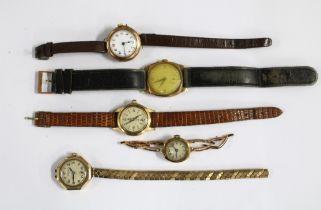 Five vintage wristwatches to include a Gents 9ct gold cased wristwatch on a black leather strap,