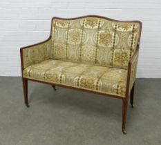 An Edwardian mahogany and inlaid two seater parlour settee, floral upholstered back, arms and set,