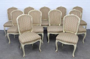 Set of eleven Louis XV style cream painted and parcel gilt side chairs together with a similar set