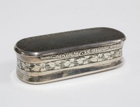 Victorian silver snuff box, of oblong form with hinged lid, engraved foliate pattern, George