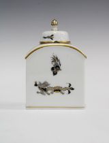 Meissen porcelain tea caddy, rectangular white glazed body with a black and gilt dragon pattern,