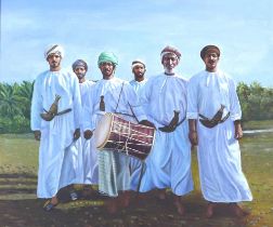 CONTEMPORARY SCHOOL, oil on canvas of five men in North African / Arabian dress, signed Mai?, in a