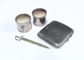 A collection of silver and white metal items to include a Birmingham silver cigarette case, two