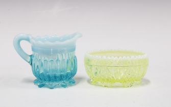 Victorian pale blue opaline glass jug and a yellow vaseline bowl (2) 8cm.