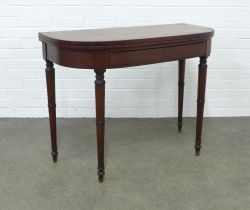 19th century mahogany foldover card table, demi lune top raised on turned tapering legs, 97 x 75cm.