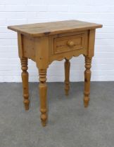 Pine consol type side table with a single frieze drawer, 70 x 79 x 40cm.